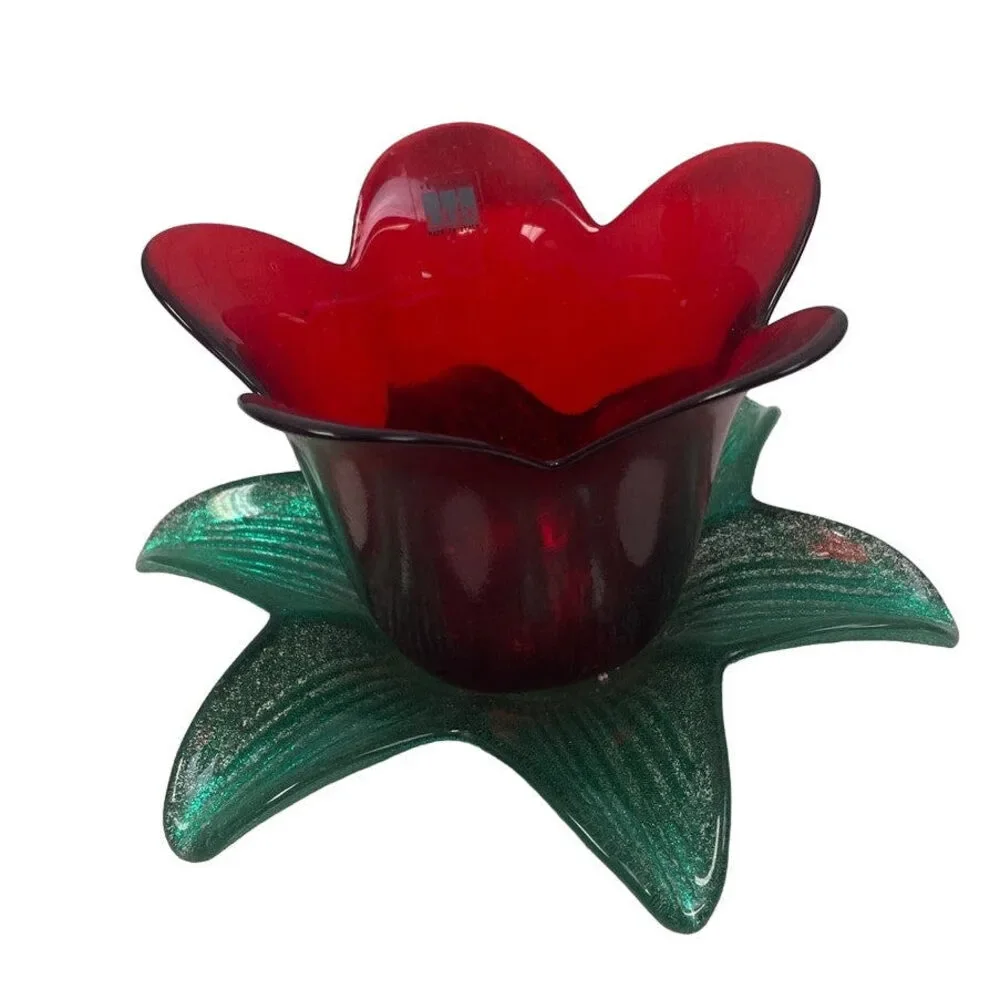 Vintage Vetreria LUX Made In Italy Red Glass Flower Glitter Leaf Candle Holder